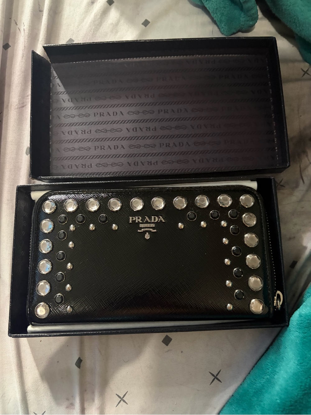Prada Black Saffiano Leather Zip-Around Wallet with Crystal Studs